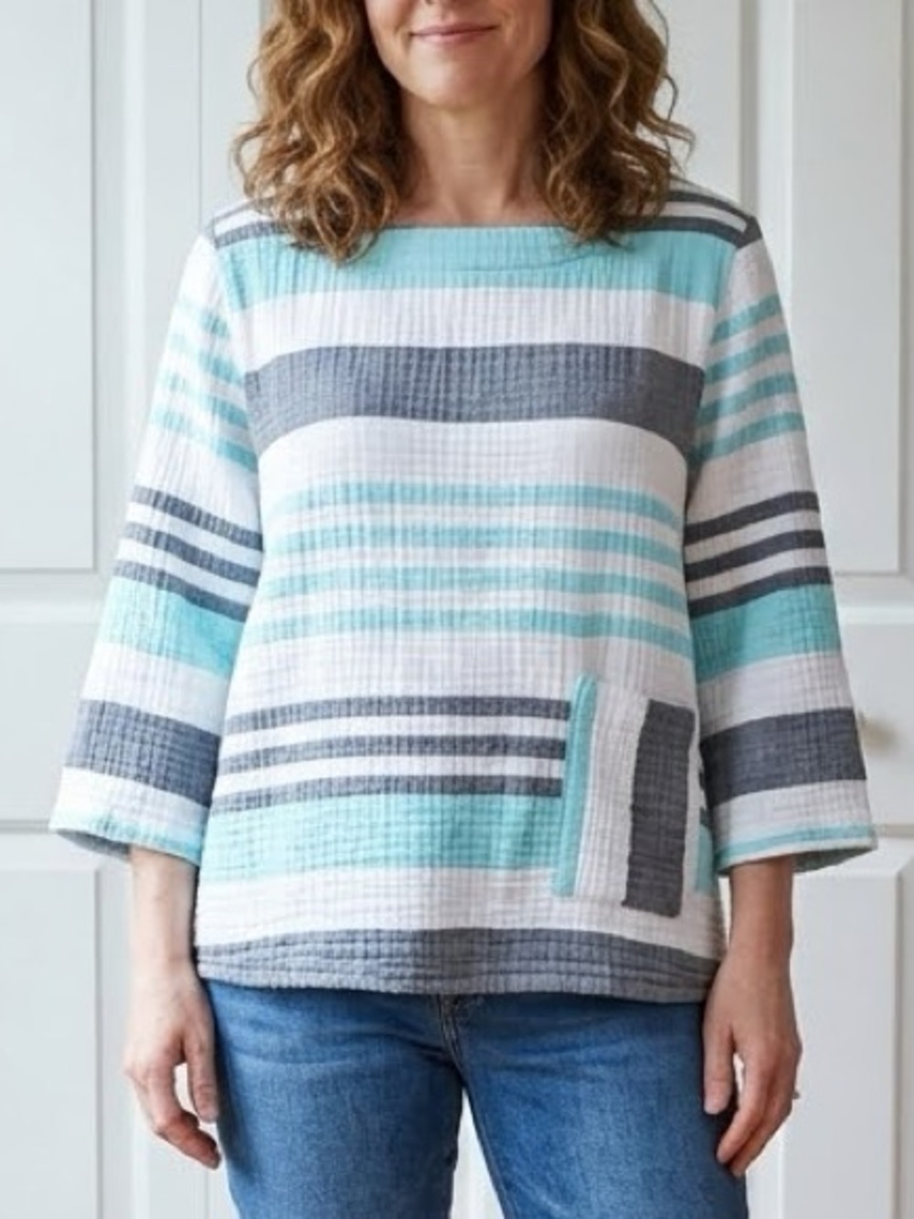 Habitat Cotton Gauze Top 3/4 Sleeve Striped White Blue Gray Size S